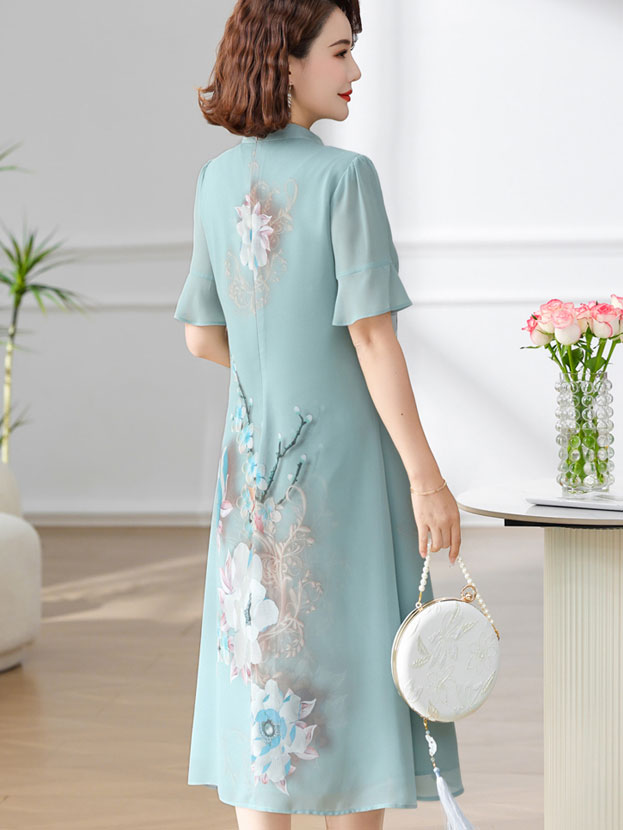 Green Blue Floral Mothers A-Line Qipao Cheongsam Dress
