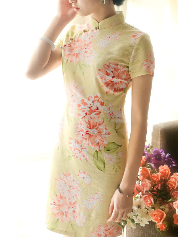 Clearance Yellow Floral Linen Qipao Cheongsam Dress Clearance Yellow Floral Linen Qipao Cheongsam Dress