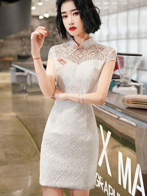 White Lace Mini Cheongsam Qipao Dress