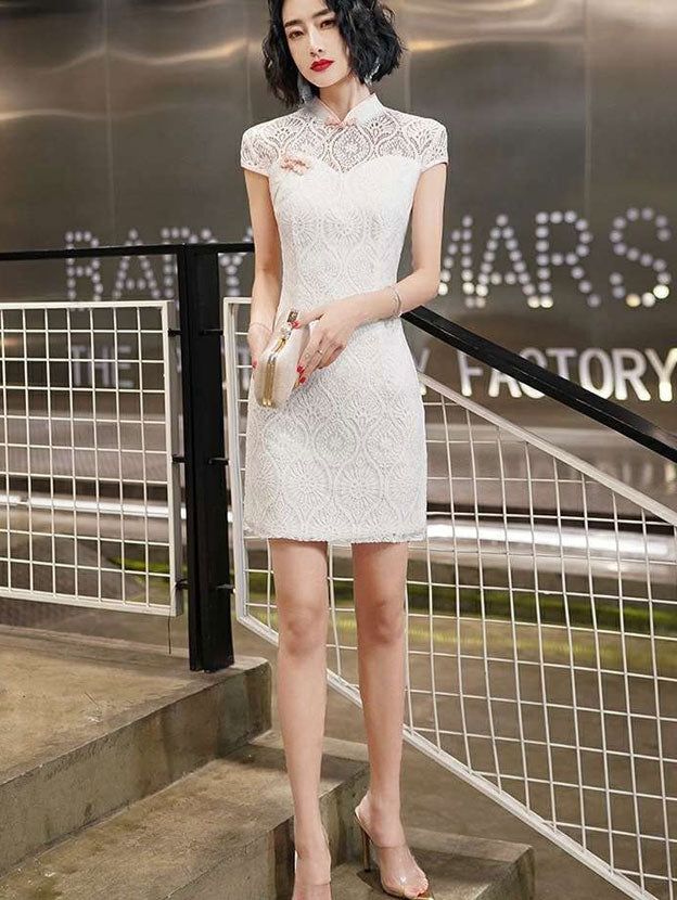 White Lace Mini Cheongsam Qipao Dress