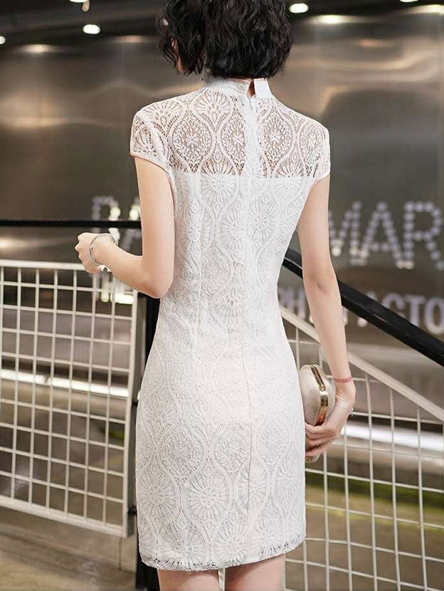 White Lace Mini Cheongsam Qipao Dress