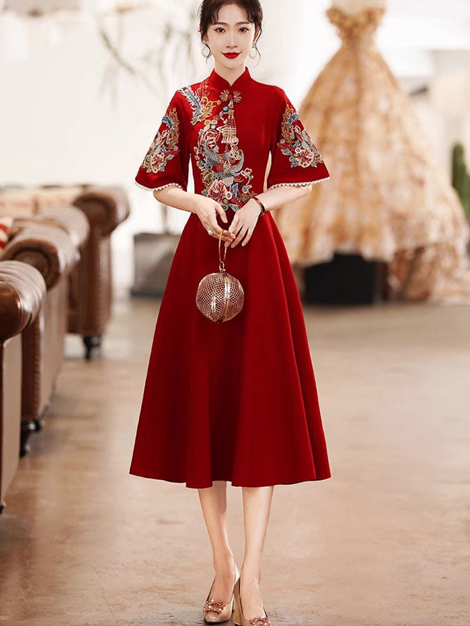 Blue Red Bell Sleeve A-Line Wedding Qipao Cheongsam Dress