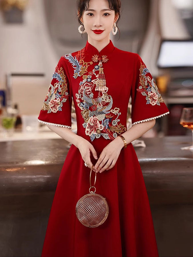 Blue Red Bell Sleeve A-Line Wedding Qipao Cheongsam Dress
