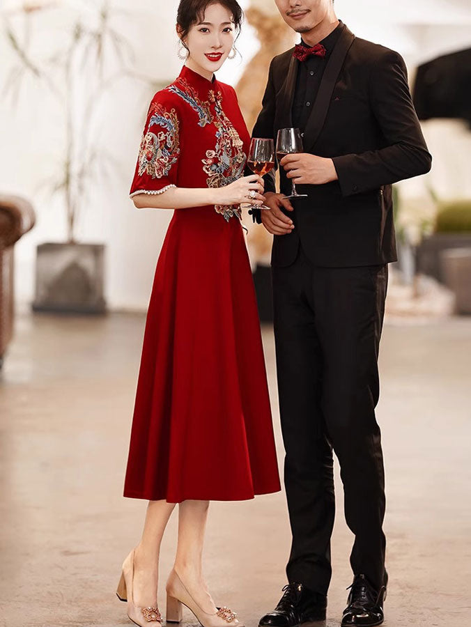 Blue Red Bell Sleeve A-Line Wedding Qipao Cheongsam Dress