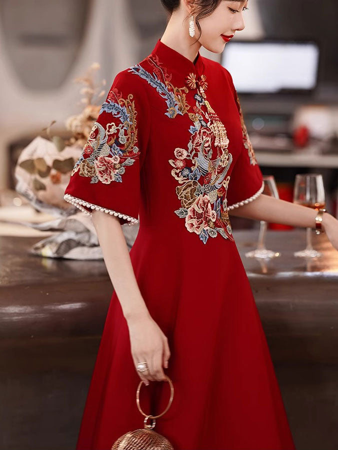 Blue Red Bell Sleeve A-Line Wedding Qipao Cheongsam Dress