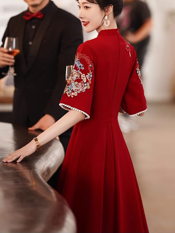 Blue Red Bell Sleeve A-Line Wedding Qipao Cheongsam Dress