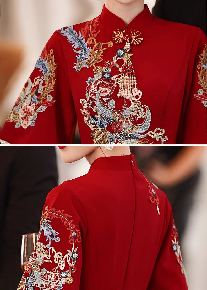 Blue Red Bell Sleeve A-Line Wedding Qipao Cheongsam Dress