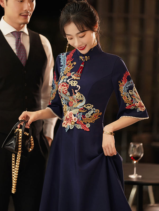 Blue Red Bell Sleeve A-Line Wedding Qipao Cheongsam Dress