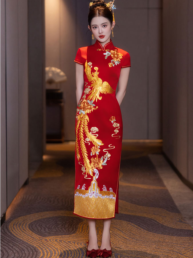 Red Embroidered Phoenix Wedding Bridal Cheongsam Qipao Dress IMALLURE M Red Embroidered Phoenix Wedding Bridal Cheongsam Qipao Dress IMALLURE M