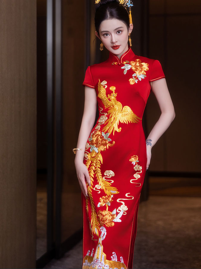Red Embroidered Phoenix Wedding Bridal Cheongsam Qipao Dress