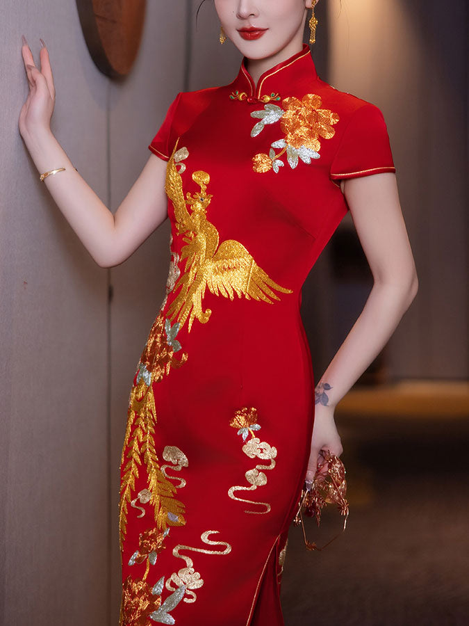 Red Embroidered Phoenix Wedding Bridal Cheongsam Qipao Dress