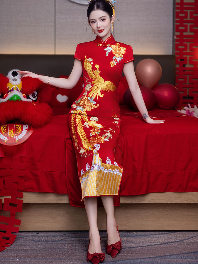 Red Embroidered Phoenix Wedding Bridal Cheongsam Qipao Dress