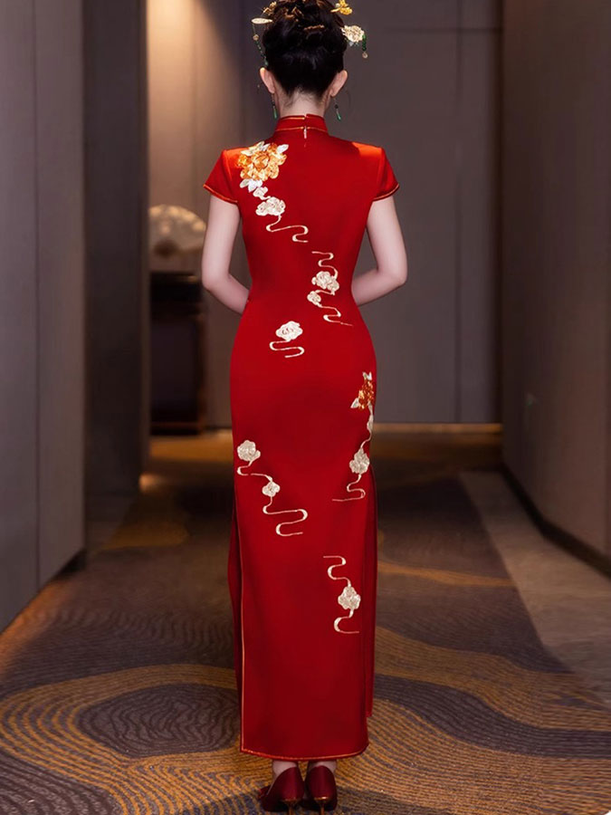 Red Embroidered Phoenix Wedding Bridal Cheongsam Qipao Dress