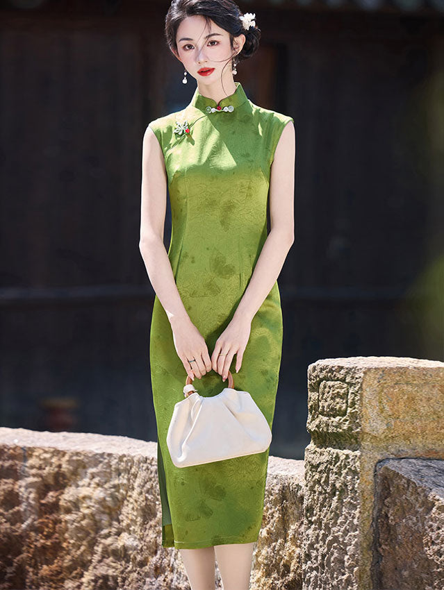 Green Yellow Butterfly Sleeveless Cheongsam Qipao Dress M / Green