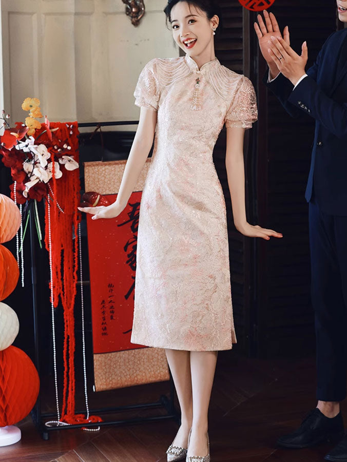 Pink Floral Lace Midi Engagement Cheongsam Qipao Dress - IMALLURE XL Pink Floral Lace Midi Engagement Cheongsam Qipao Dress - IMALLURE XL