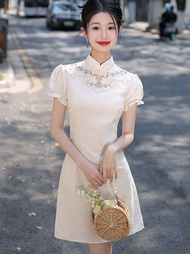 White Black Embroidered Puff Sleeve Cheongsam Qipao Dress