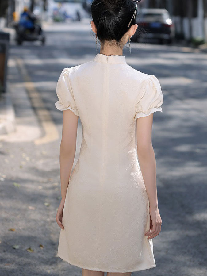 White Black Embroidered Puff Sleeve Cheongsam Qipao Dress