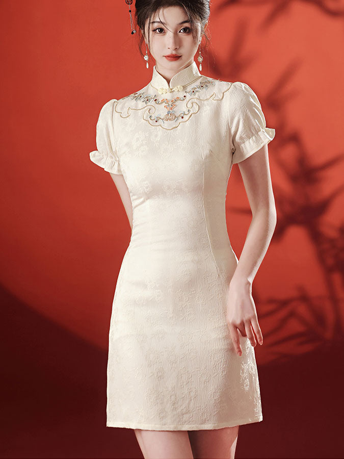 White Black Embroidered Puff Sleeve Cheongsam Qipao Dress - IMALLURE S / White White Black Embroidered Puff Sleeve Cheongsam Qipao Dress - IMALLURE S / White