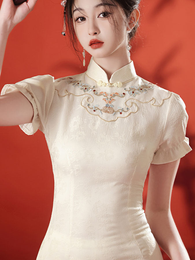 White Black Embroidered Puff Sleeve Cheongsam Qipao Dress