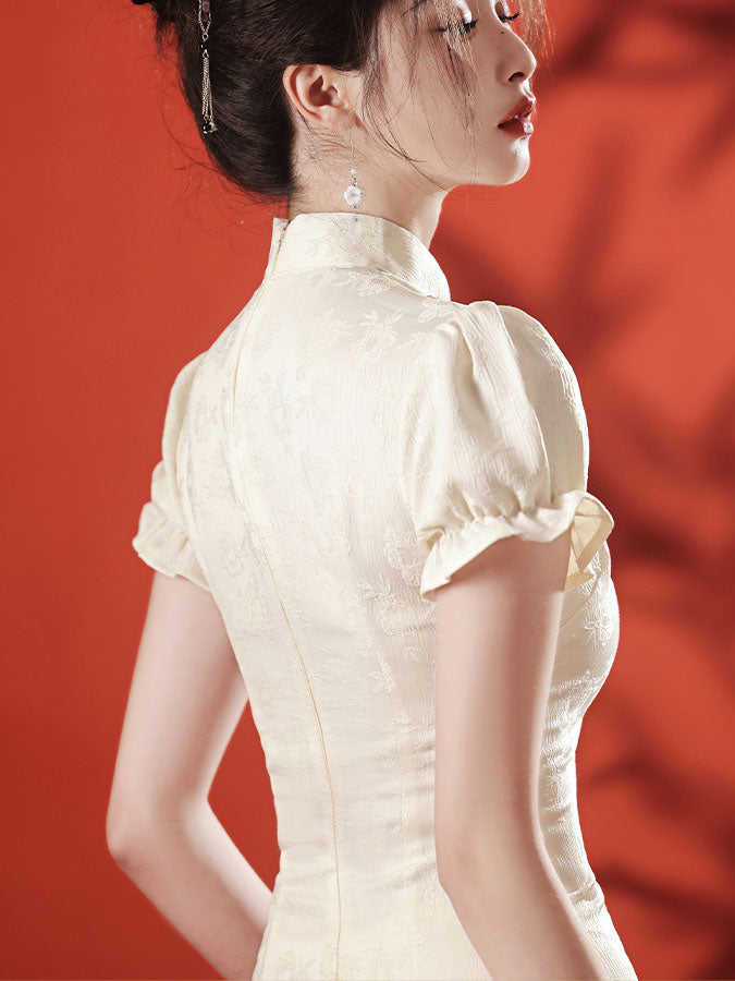 White Black Embroidered Puff Sleeve Cheongsam Qipao Dress