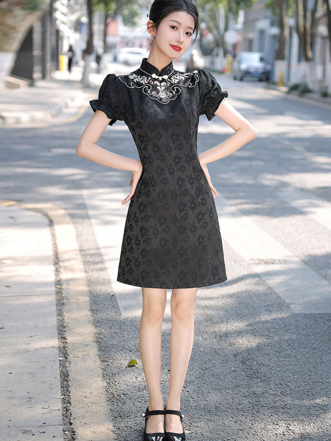 White Black Embroidered Puff Sleeve Cheongsam Qipao Dress