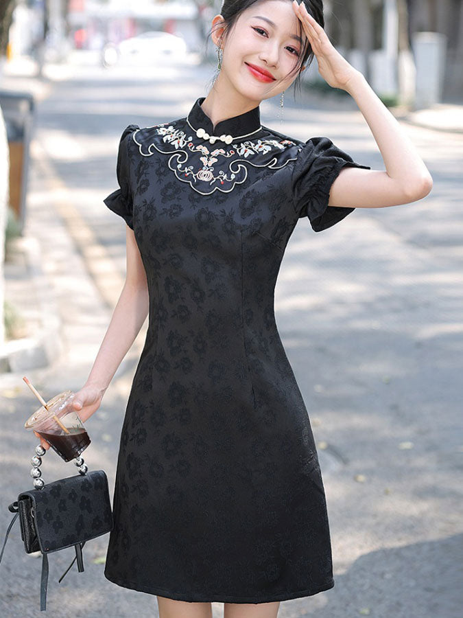 White Black Embroidered Puff Sleeve Cheongsam Qipao Dress