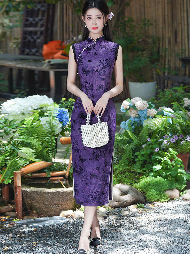 Green Purple Floral Print Qipao Cheongsam Dress - IMALLURE S / Purple Green Purple Floral Print Qipao Cheongsam Dress - IMALLURE S / Purple
