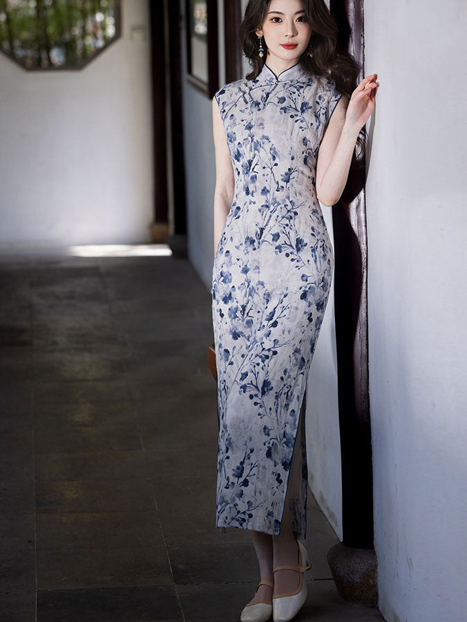 Blue Floral Print Linen Cheongsam Qipao Dress
