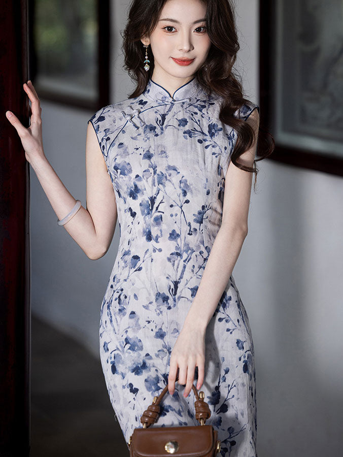 Blue Floral Print Linen Cheongsam Qipao Dress