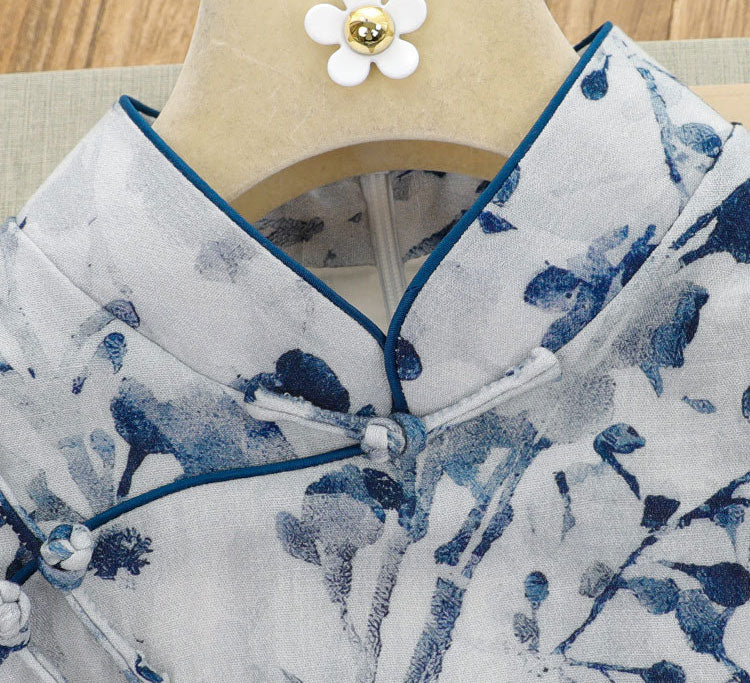 Blue Floral Print Linen Cheongsam Qipao Dress