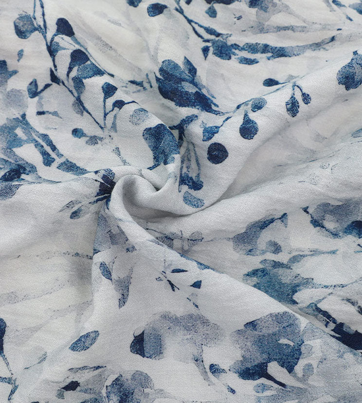 Blue Floral Print Linen Cheongsam Qipao Dress