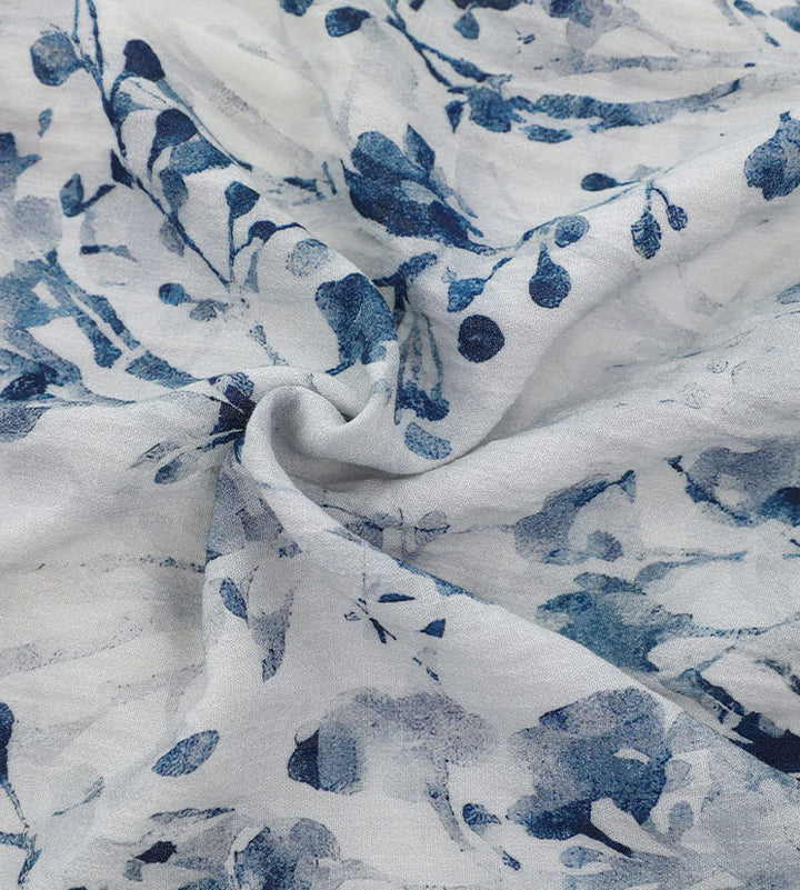 Blue Floral Print Linen Cheongsam Qipao Dress