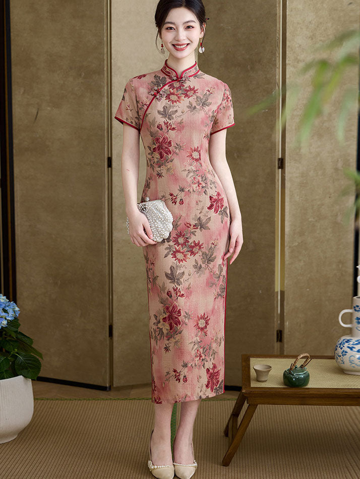 chinese midi dress Red Shimmer Floral Print Midi Cheongsam Qipao Dress
