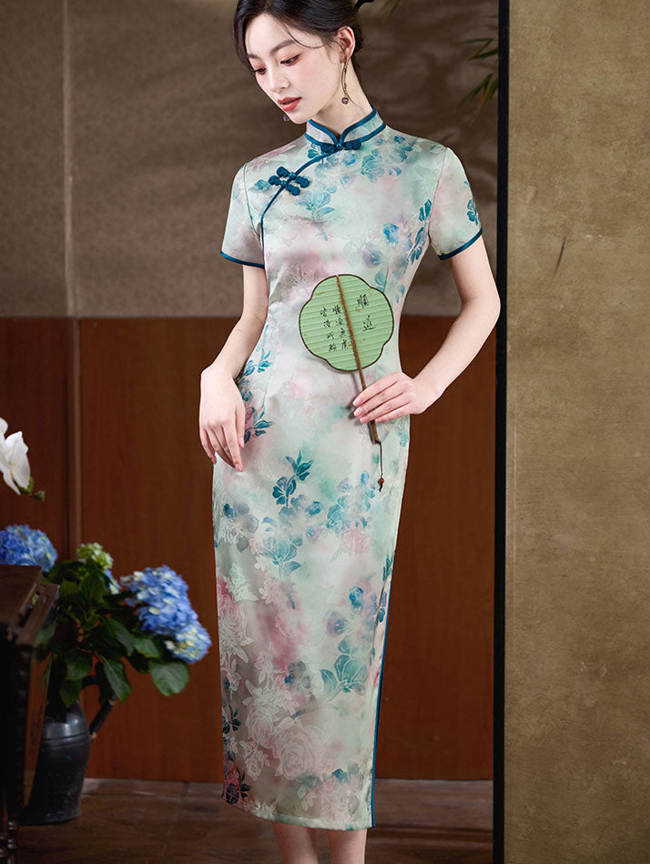 chinese midi dress Floral Print Mothers Midi Cheongsam Qipao Dress