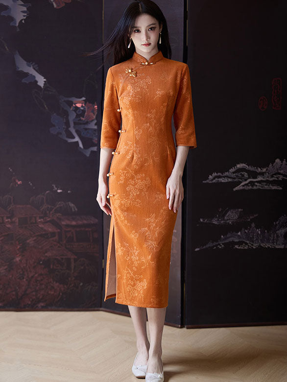 Orange Floral Midi Winter Qipao Cheongsam Dress - IMALLURE L Orange Floral Midi Winter Qipao Cheongsam Dress - IMALLURE L