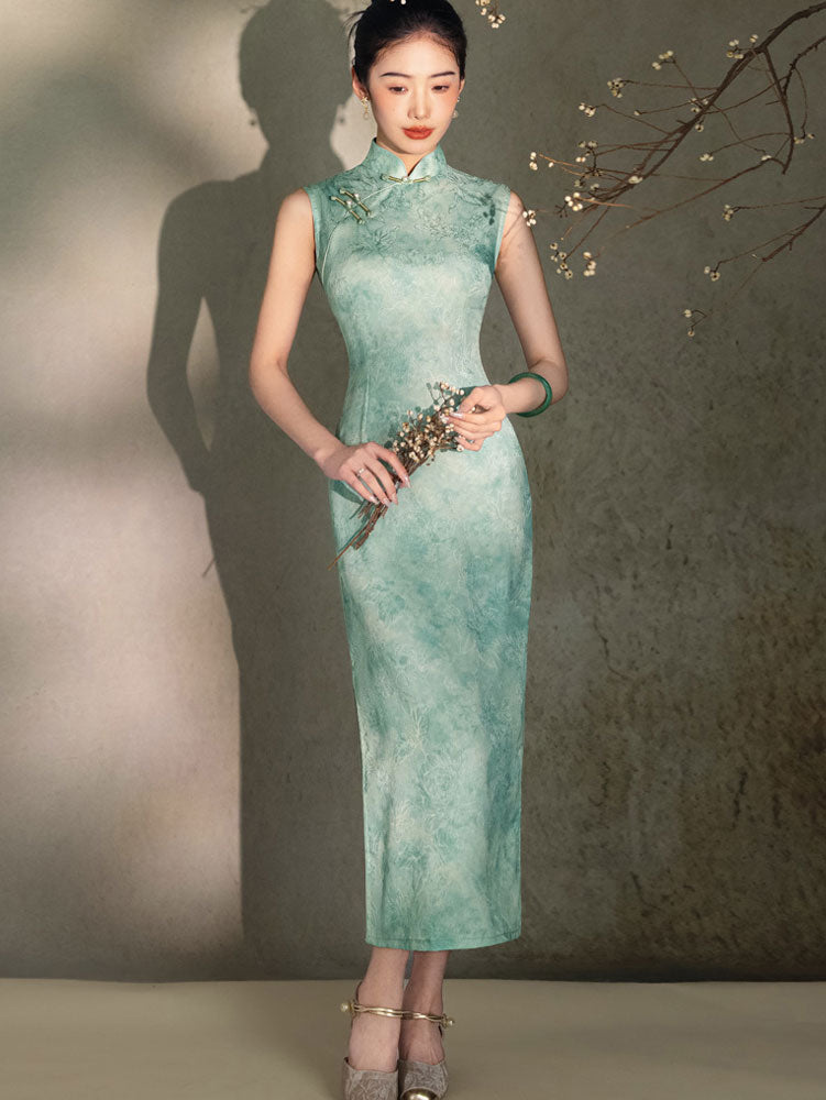 Green Floral Print Sleeveless Cheongsam Qipao Dress S Green Floral Print Sleeveless Cheongsam Qipao Dress S