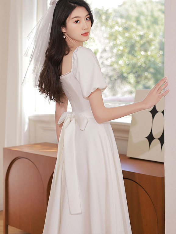 White Red Square Neck A-Line Dress with Puff Sleeve