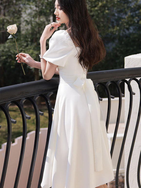 White Red Square Neck A-Line Dress with Puff Sleeve
