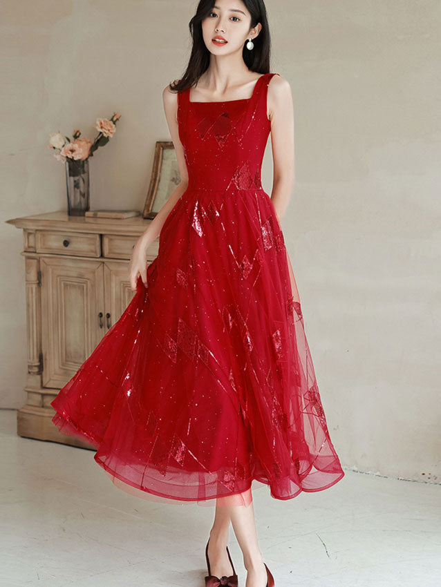 Red Shimmery Sequined Fit & Flare Tulle Midi Dress - IMALLURE Custom Made Red Shimmery Sequined Fit & Flare Tulle Midi Dress - IMALLURE Custom Made