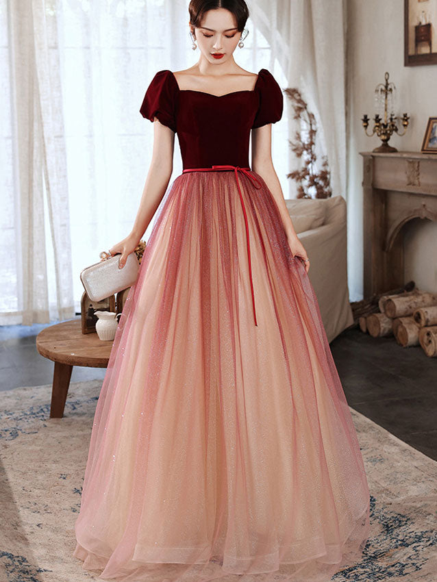 Burgundy Shimmery Fit & Flare Maxi Tulle Gown - IMALLURE L Burgundy Shimmery Fit & Flare Maxi Tulle Gown - IMALLURE L