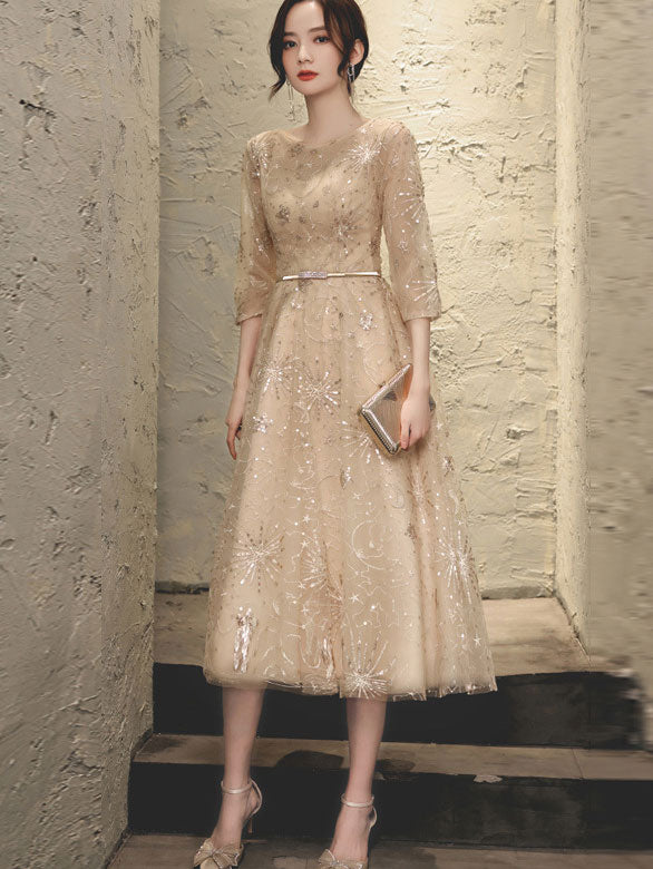 Champagne Starry Midi Fit & Flare Dress - IMALLURE XXL