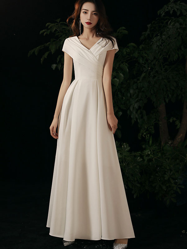 White Wrap V-neck Fit & Flare Formal Dress - IMALLURE Custom Made White Wrap V-neck Fit & Flare Formal Dress - IMALLURE Custom Made
