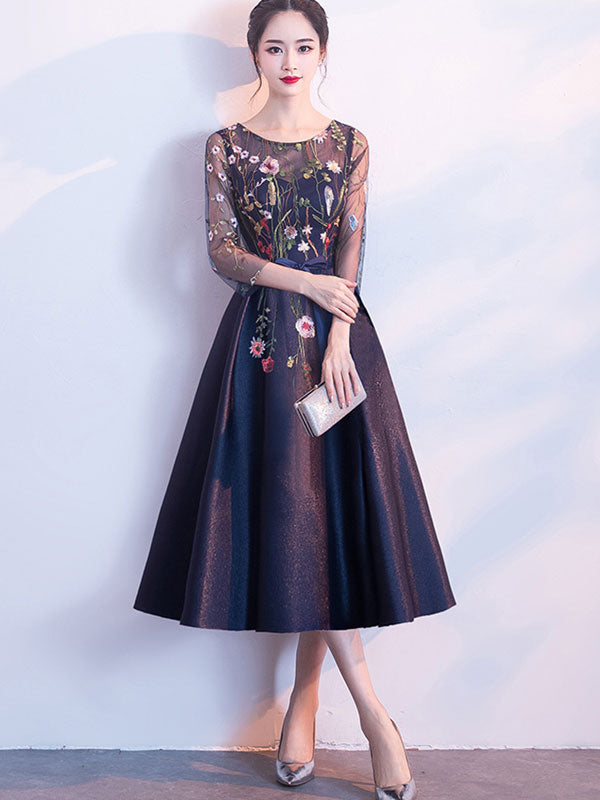 Blue Floral Midi Illusion A-Line Prom Dress