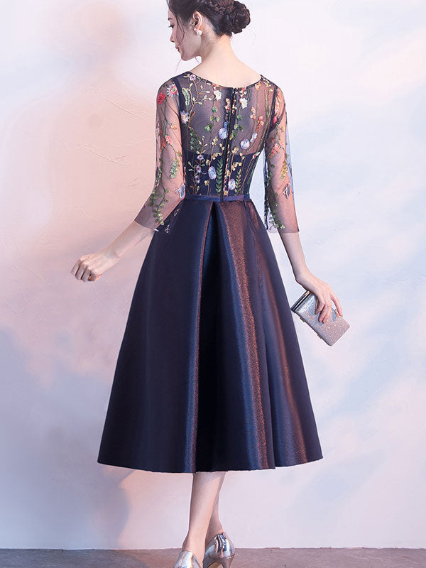 Blue Floral Midi Illusion A-Line Prom Dress