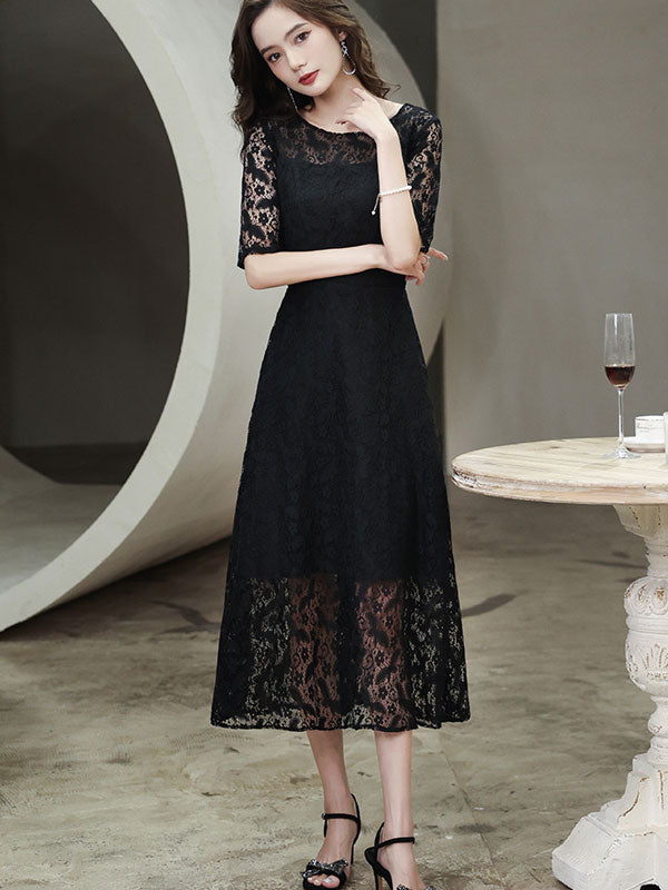 Black Lace Midi Illusion A-Line Belt Prom Dress