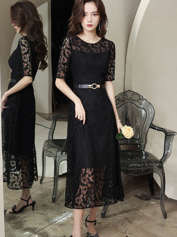 Black Lace Midi Illusion A-Line Prom Dress - IMALLURE XL Black Lace Midi Illusion A-Line Prom Dress - IMALLURE XL