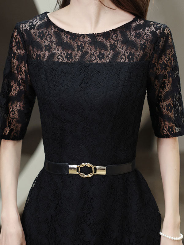 Black Lace Midi Illusion A-Line Belt Prom Dress