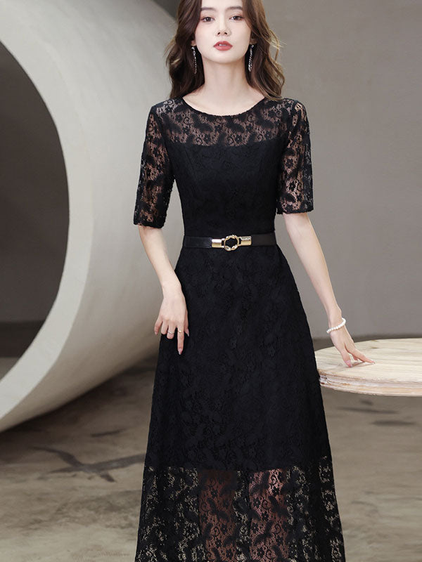 Black Lace Midi Illusion A-Line Belt Prom Dress
