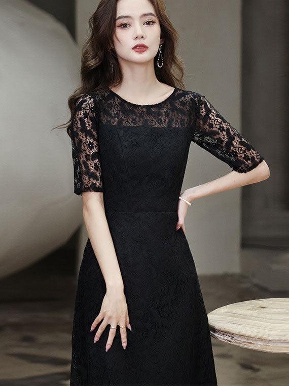 Black Lace Midi Illusion A-Line Belt Prom Dress