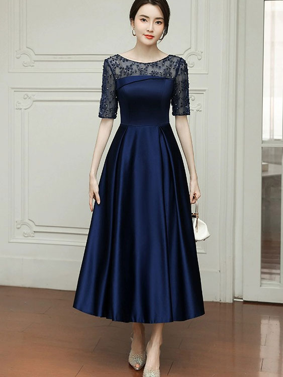 Blue Red Illusion A-Line Maxi Prom Dress